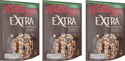 Three identical packages of Kellogg's Extra Chocolate Hazelnut Cereal are displayed side-by-side.