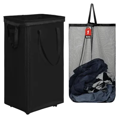 Image de Panier à linge extra-large de 90 litres avec sac amovible sur roulettes - Organisateur pliable pour vêtements (noir)