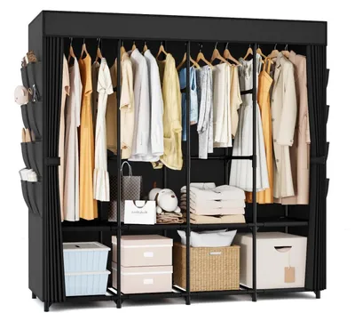 Produktbild von Stoffkleiderschrank mit Kleiderstange 170x45x167cm Schwarz 4 Kleiderstangen 4 Einlegeböden 8 Seitentaschen