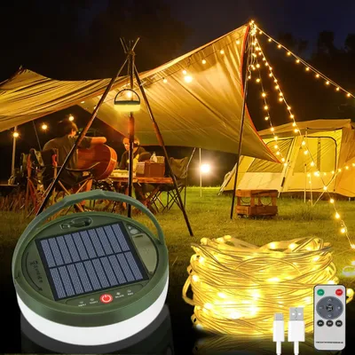 Produktbild von Camping Lichterkette, Solar LED Lichterkette, 10M 3600mAh Campinglampe, Wasserdichte, USB-Aufladung, mit Fernbedienung