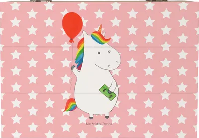 Produktbild von Mr. & Mrs. Panda Holzbox Einhorn Luftballon 22 x 15 cm - Rot Pastell - Geschenk, Einhörner, Holztruhe, geschenkkiste, Aufbewahrungskiste, schatztruhe, Freundin, fotobox