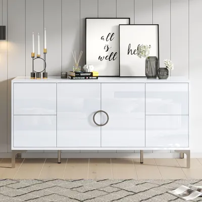 Productafbeelding van Witte dressoir, met 4 lades en 2 deuren, zonder handgrepen, met metalen poten