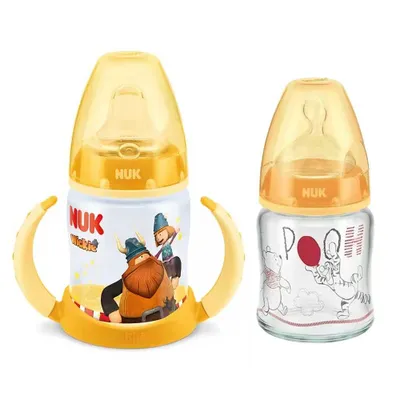 Produktbild von NUK First Choice Glas-babyflasche 120ml & PP babyTrinklernflasche /babytrinkbecher/babytrinkflasche 150ml gelb