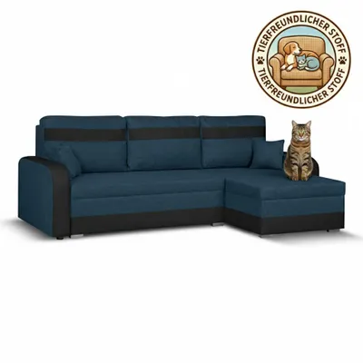 Produktbild von KomfortWelt24 Ecksofa mit Schlaffunktion und praktischem Bettkasten - Bequemer Eckcouch 214x140 cm L-Form CONDI Marineblau/Schwarz