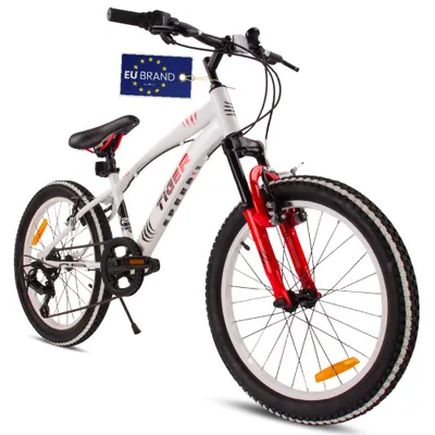Produktbild von Kinderfahrrad Jungenfahrrad 20 Zoll Fahrrad mit 6 gang Kettenschaltungen Shimano RevoShift Tiger Bike weiß rot