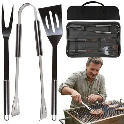 Produktbild von Grillzubehör-Set mit Grillschaufel, Grillzange und Grillgabel aus Edelstahl im Etui
