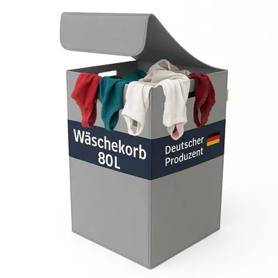 A grey fabric laundry basket with a lid, filled with clothes. Text and a German flag are visible on the side.