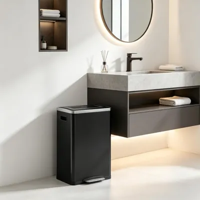 Image de Poubelle de cuisine 2 compartiments 2 x 20 L avec pédale, couvercle Soft-Close, acier inoxydable, noir