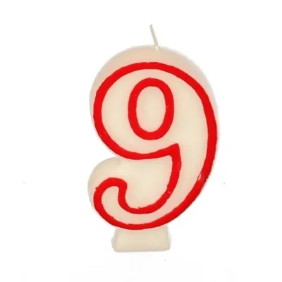 Produktbild von Zahlenkerze 7,3 cm weiss "9" mit rotem Rand