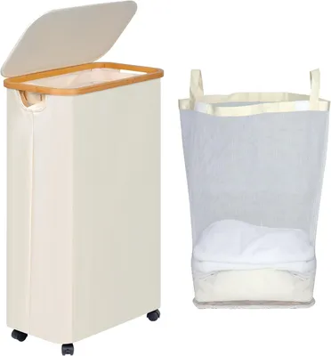 Immagine prodotto di Cesto per la biancheria con coperchio, capacità 75 litri, pieghevole, con ruote e maniglie in bambù, ideale per la casa