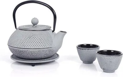 Produktbild von Keramik-Teeservice 0,8L - filigrane Theekanne mit abnehmbarer Filter und Fuß - Antik-Vintage-Design für entfesselten Tee - Dunkelgraues Design
