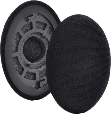 Two black ear pads for headphones, one is shown from the side and the other is shown from the front.