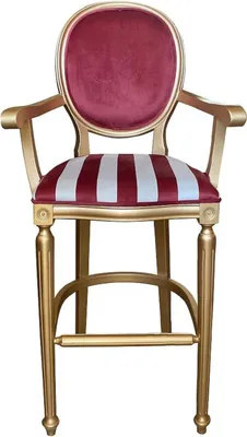Produktbild von Casa Padrino Barock Barstuhl mit Armlehnen Bordeauxrot / Weiß / Gold - Gestreifter Antik Stil Samt Barhocker - Handgefertigte Barock Barmöbel