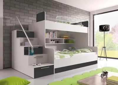 Produktbild von Etagenbett TOMI 2 , Doppelstockbett Hochglanz Kinderbett Hochbett , MIT Matratze und Lattenrost (Weiss / Grau, Treppenseite: LINKS )