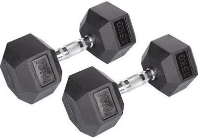 Produktbild von Sechseckige Gummihantel 15 kg mit ergonomischem, rutschfestem Griff