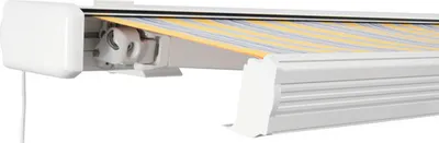 Produktbild von SOLUNA Kassettenmarkise Exquisit 3,5x2,5 Stoff Dessin 6292 Gestell RAL 9010 reinweiß Anrtrieb links ink. Motor und Wands