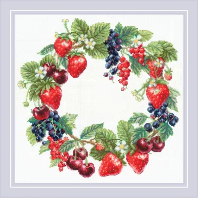 Image de Kit de broderie au point de croix « Couronne aux baies » de Rioli, diagramme, 30 x 30 cm