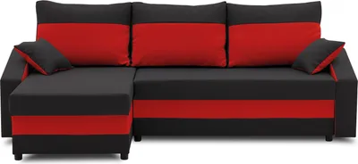 A corner sofa with red and black fabric.