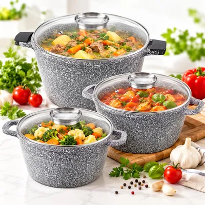 Produktbild von MASTERPAN 6-teiliges Topfset | 7L | 10L | 14L LARGE POTS | Antihaft | Induktion | mit Deckel | Große Töpfe | Suppentopf | für alle Herdarten | MP2144