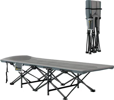 Image de Outsunny Lit de camp pliable 1 personne pour adultes avec coussin et appui-tête, lit camping pliant et portable avec poche latérale, charge jusqu'à 150 kg, pour extérieur, camping, voyages, gris