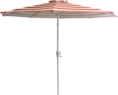 A square patio umbrella with orange and white stripes, shown from a side angle against a white background.