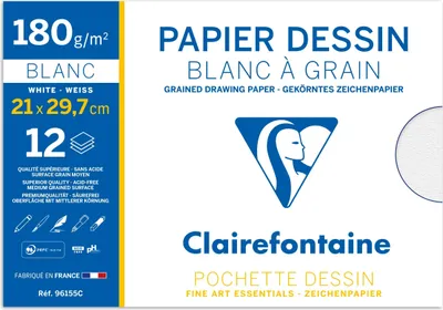 Produktbild von Clairefontaine 10x Gekörntes Zeichenpapier, Packung 12 Bl A4, 180g, weiß 96155C