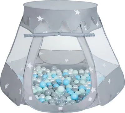 Obrázok produktu pre Selonis Hrací stan 105X90cm/100 loptičiek Hradný domček Pop Up Ballpit Plastové loptičky pre deti, Grey:Perla-Grey-Transparentné-BabyModrá-Mint