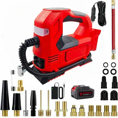 Produktbild von Elektrische Luftpumpe, mit 21V Akku und Ladegerät, 150 PSI, Wiederaufladbare, Tragbarer Akku-Kompressor mit LED-Leuchte und Digitalem Manometer,Rot