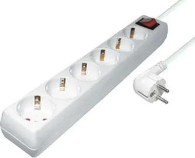 A white power strip with six outlets and a red switch, along with its white plug, is shown against a white background.