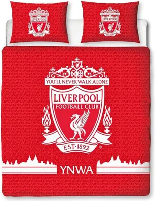 A red duvet cover and two pillowcases with the Liverpool FC crest and slogan.