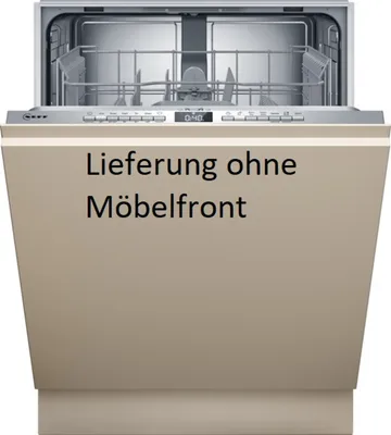 A dishwasher with its door open, showing the interior racks and control panel. Text is overlaid on the front panel.