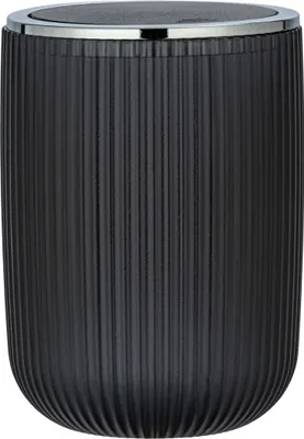 A black trash can with a silver rim.