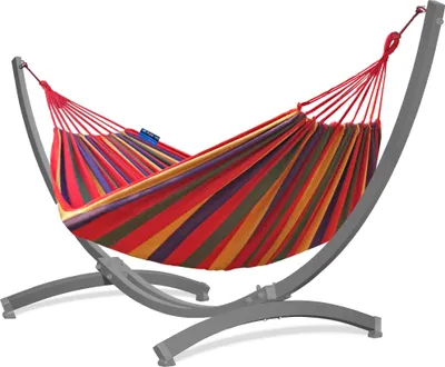 Produktbild von Potenza Outdoor Hängematte mit Tytan Gestell für 2 Personen I Baumwolle Doppelhängematte XXL 220x160, 200kg I Grau Hängemattengestell 350 kg, wetterfest
