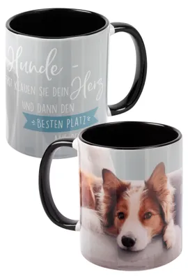 Produktbild von Hunde Tasse - Collie - Hunde - Erst klauen Sie dein Herz und dann den besten Platz auf dem Sofa Kaffeetasse Becher Kaffeebecher aus Keramik Weiß Schwarz 320 ml