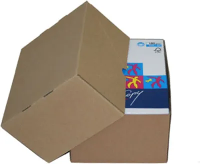 A cardboard box with a lid partially open, revealing a package of paper inside.