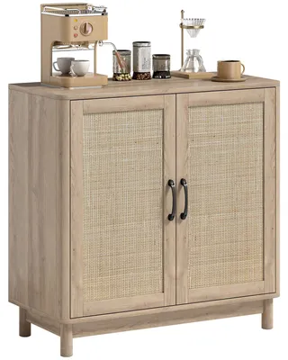 Produktbild von Wohnzimmer-Sideboard, Aufbewahrungsm?bel mit 2 Rattantš¹ren, verstellbarem Einlegeboden und abgerundeten Kanten, 76 x 35 x 75,5 cm, Eiche
