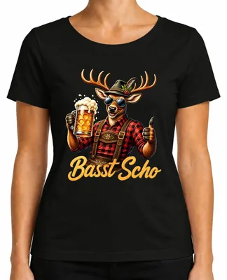 Productafbeelding van Basst Scho Hirsch Lederhosen, bier, Wiesn, traditionele kleding, dames T-shirt, zwart, XXL