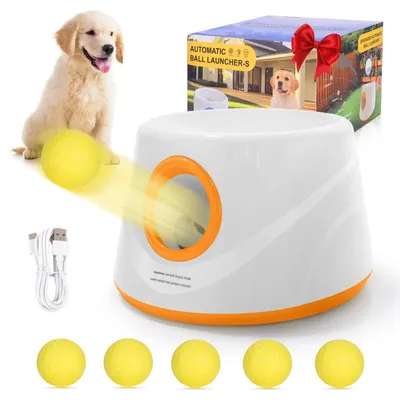 Produktbild von Hundeballwerfer - Automatischer Ballwerfer - Interaktives Apportierspielzeug - 3 Wurfweiten - Mit 5 ETPU-Bällen - Für Welpen & mittelgroße Hunde - Indoor/Outdoor - Orange