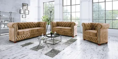 Produktbild von S-STYLE MÖBEL - Chesterfield Jutta Polstergarnitur 3+2+1 aus Beige Samt-Stoff mit Holzfüßen, B/T/H: 3er - 203 cm / 86cm / 72 cm