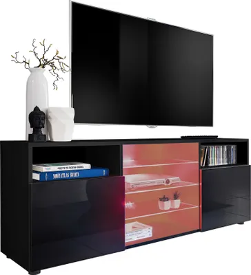 Produktbild von Komodee | TV-Schrank mit 3 Glasböden und 2 Türen Urbino, Korpus Schwarz Matt Frontfarbe Schwarz Hochglanz, LED RGB