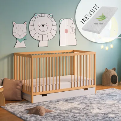 Produktbild von Babybett Kinderbett Gitterbett höhenverstellbar & herausnehmbare Sprossen Holz mit Schublade und Matratze natur 70x140 cm von Geburt bis 6. Lebensjahr