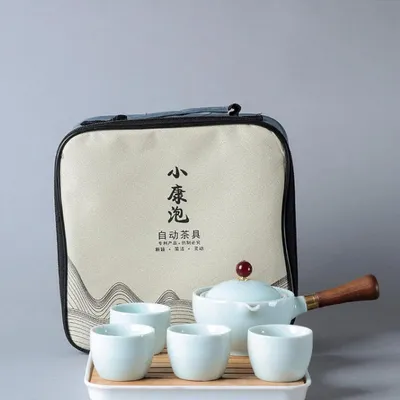 Productafbeelding van Reissets voor thee, keramiek, Chinees Kung Fu stijl, met theepot met 360° filter, 4 kopjes, dienblad en reistas, jade-stijl
