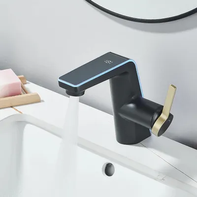 Produktbild von Waschtischarmatur - LED-Wasserhahn - Digitale Temperaturanzeige - LED-Beleuchtung - Warm/Kalt - Einlochmontage - Keramikventil - Edelstahl - Schwarz