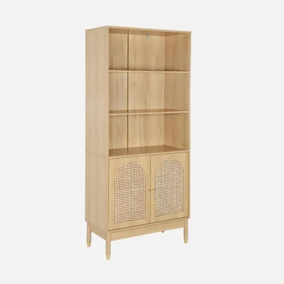 Produktbild von sweeek - Regal Bücherregal Holzdekor und Rattan-Geflecht 4 Ebenen 2 Türen - Natur