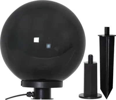 A black decorative sphere with two black ground spikes.