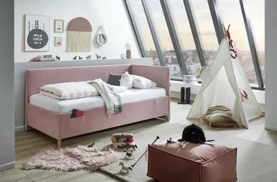 Produktbild von Meise Möbel Kinderbett Cool 90x200 cm | Bettgestell | Kopfteil & Rückenteil glatt | Cordstoff Rose | Holzfuß eichefarbig
