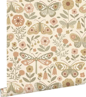 Zdjęcie produktu dla ESTAhome Tapeta kwiaty i motyle zielonymIbeżowym 50 x 900 cm