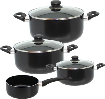 A set of black cookware with glass lids and silver handles, arranged against a white background.