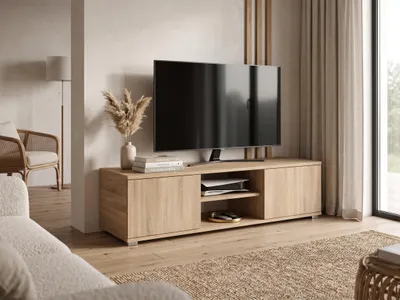 Obrázek produktu pro Moderní TV skříňka z dubu Sonoma | Lowboard 120 × 32 × 30 cm | TV stolek s otevřenými přihrádkami na set-top box a herní konzoli