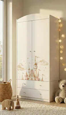 Produktbild von Kinderzimmer Schrank Weiß groß 88x187 cm Kinderschrank mit Schubladen und Stange Kleiderschrank modern, bunte Aufkleber